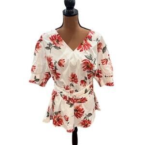 Lane Bryant Belted Short Sleeve V-Neck White Floral Shirt NWT – Size 16